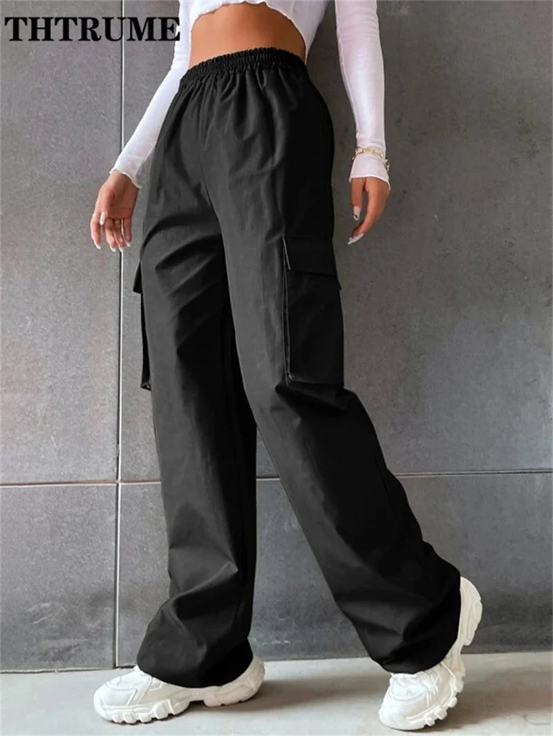 Vintage Streetwear Cargo Pants Fashion Women Solid Oversized Pocket High Waist Baggy Pant Casual Hip Hop Straight New Trousers