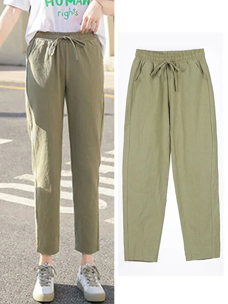 Womens Spring Summer Pants Cotton Linen Solid Elastic waist Candy Colors Harem Trousers Soft high quality for Female ladys S-XXL