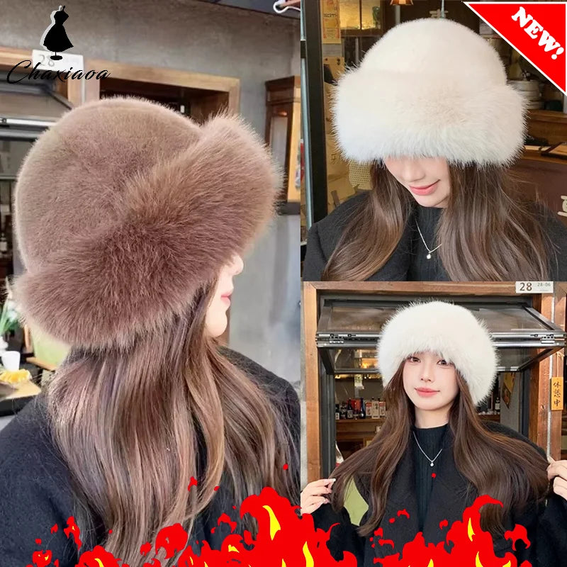 Winter Faux Mink Fur Ear Protection Hat Panama Cap Mongolian Hat for Women, Water Bucket Plush Basin Hat Simple Solid Color