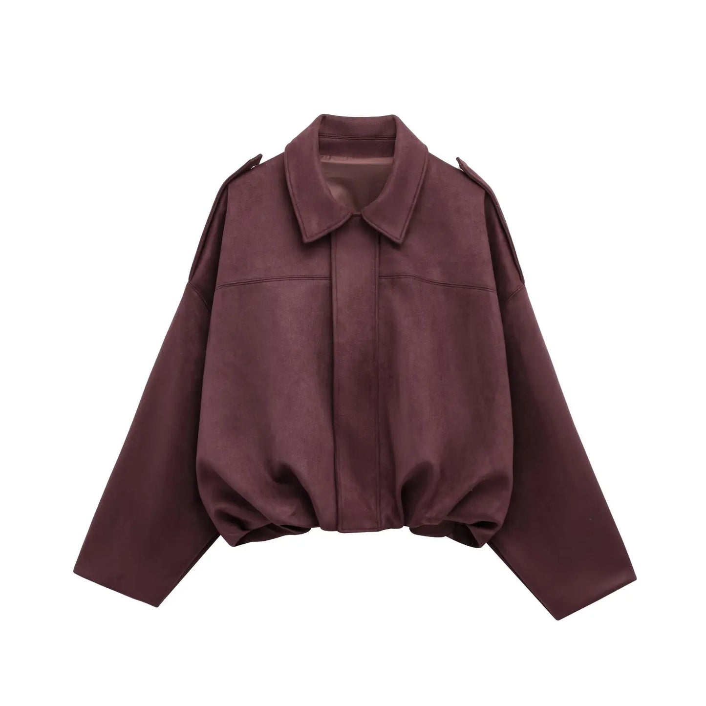 PB&ZA 2025 Women Faux Suede Collared Jacket with Shoulder Straps Loose Fit Stylish Olive Green for Sale on AliExpress
