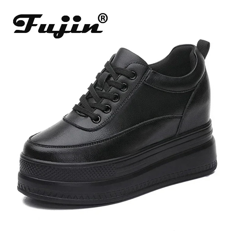 Fujin 9cm Microfiber Platform Heel Wedge Shoes Sneakers Pumps White Platform Air Mesh Hollow Pumps Shoes Women Zapatos De Mujer