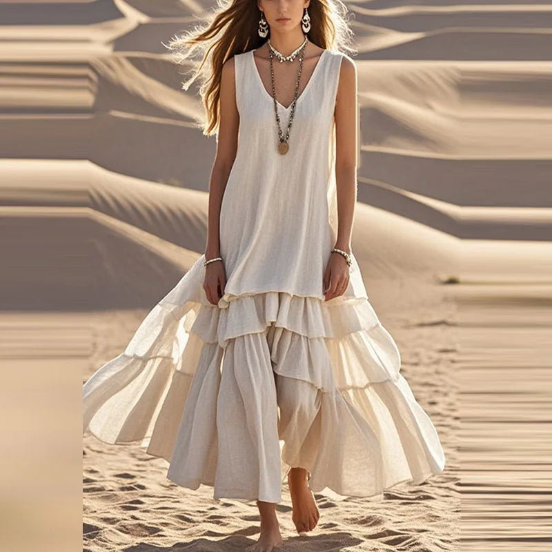 Summer Casual Sleeveless Loose Beach Dress Fashion Hight Waist Pleated Solid Party Dress Elegant V Neck Cotton Linen Long Dress