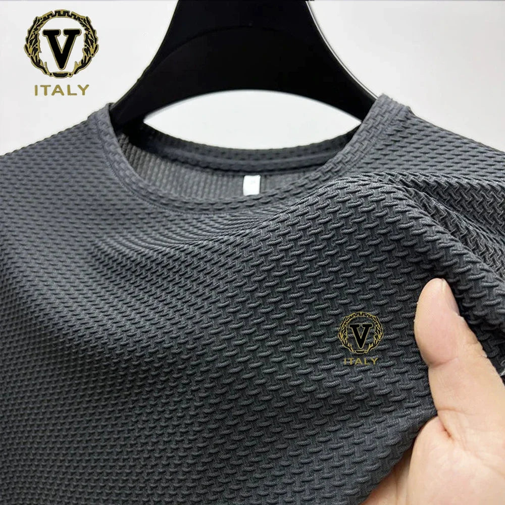 Ice Silk T-shirt Trendy Printing Men's Short Sleeve Round Neck 2024 Summer New Half Sleeve Thin Solid Color Tees Top Ropa Hombre