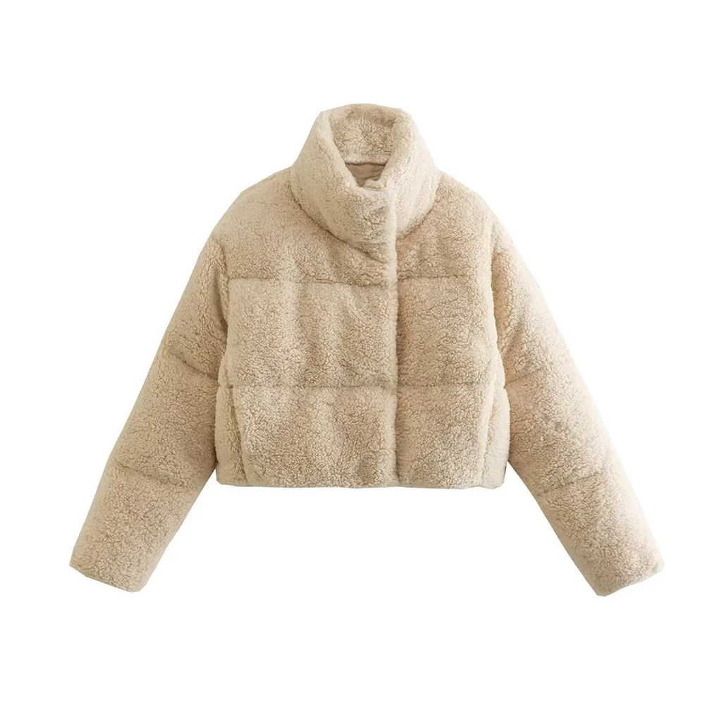 PB&ZA 2023 Autumn and Winter New Women's Lamb Wool Short Cotton Coat Standing Collar Thickened Warm Bread Coat Cotton Coat