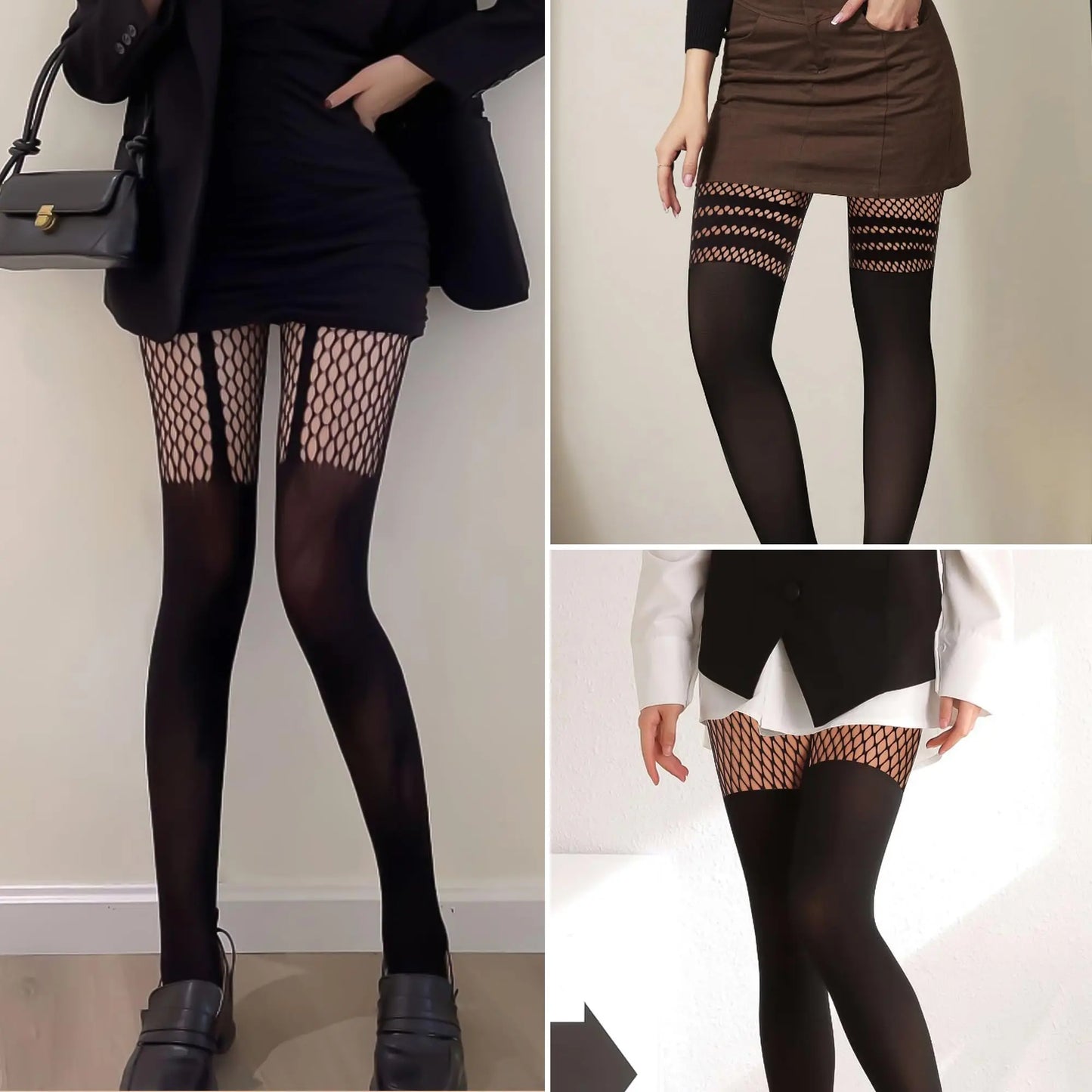 Kave Sexy Womens Faux Thigh High Fishnet Stockings Stitching Opaque Pantyhose Mock Over The Knee Goth Striped Suspender Tights