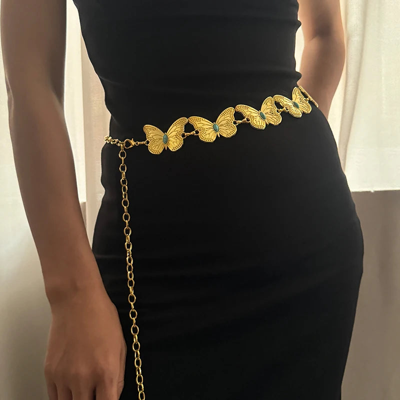 Vintage Sliver  Metal Waist Chain Belt High-End Luxury Brands Butterflies Punk Y2K Dress Jeans Waistband Fashion Belts For Women