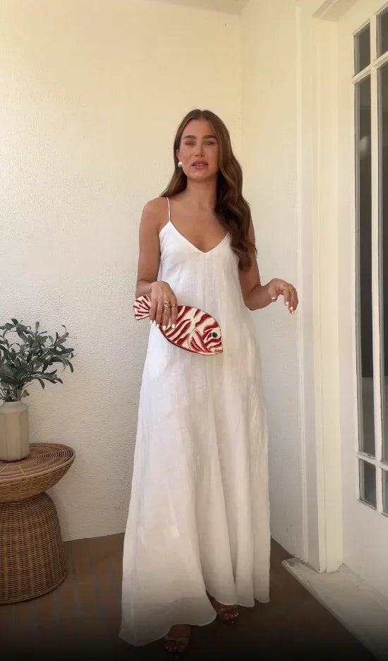 Casual White Cotton Linen Sling Dress Women Fashion Loose V-neck Sleeveless Backless Robes 2025 Lady Summer Daily Commute Robes