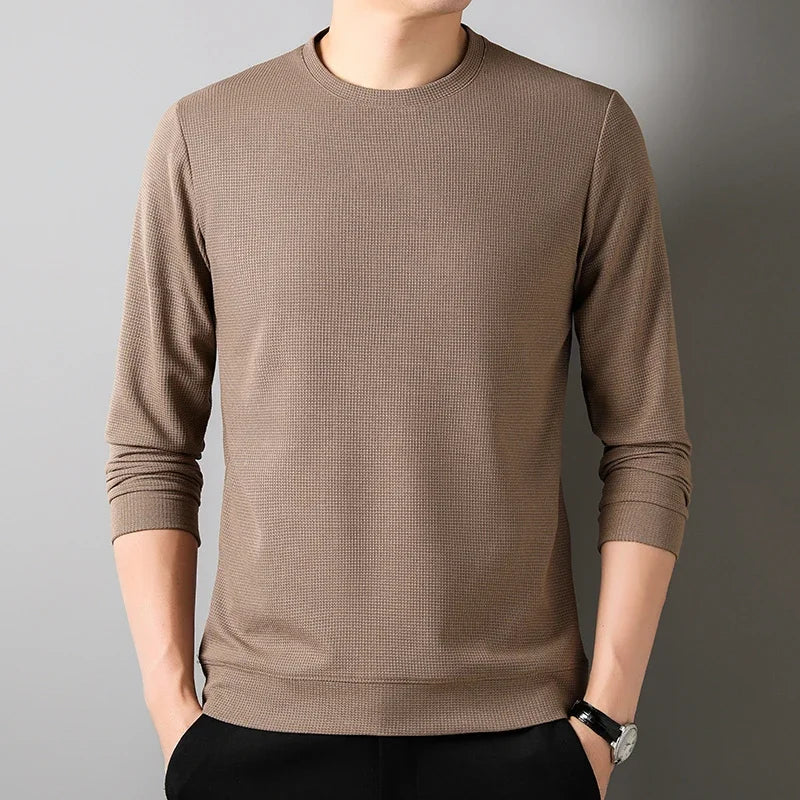 New Men's Business Casual Long Sleeved Solid Color Round Neck T-shirt for Autumn Winter Comfortable Fashionable Versatile Top