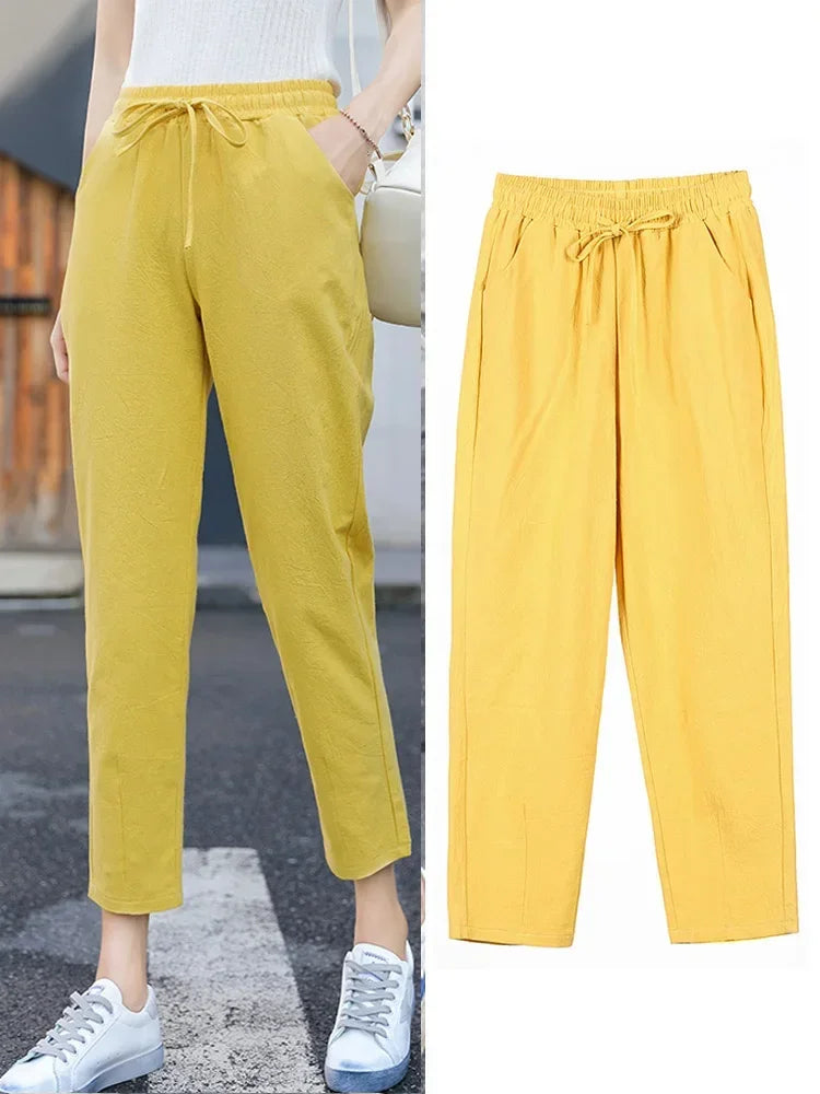 Womens Spring Summer Pants Cotton Linen Solid Elastic waist Candy Colors Harem Trousers Soft high quality for Female ladys S-XXL