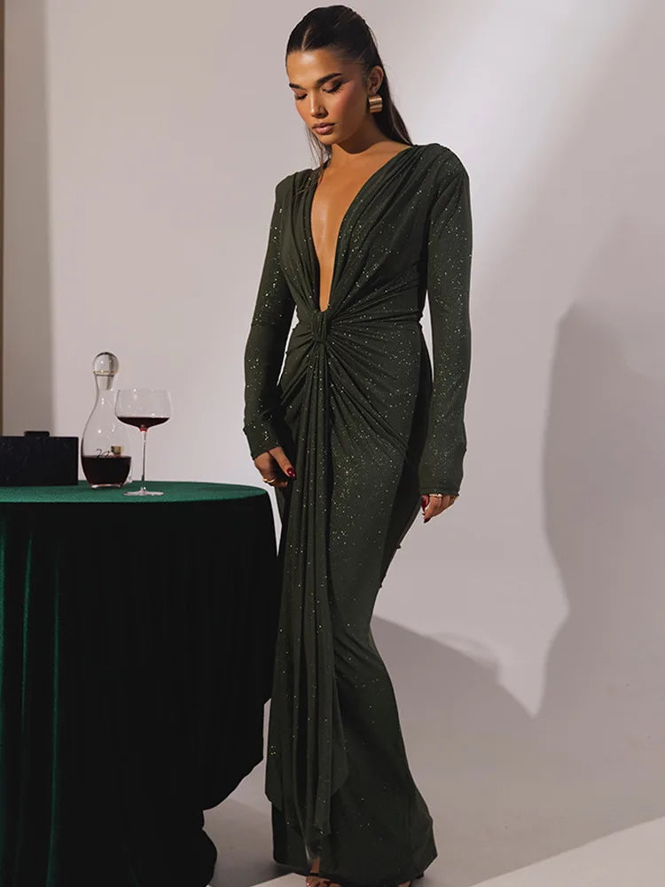 Articat Elegant Long Sleeve Elastic Tight Party Evening Dress For Women Sexy Deep V-Fold Lace Vestido Autumn/Winter New 2025