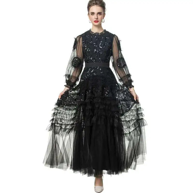 Luxury Sequin Cake Evening Dresses Women Summer Autumn Ruffles Long Sleeve Maxi Dress Tulle Party Elegant Vestidos