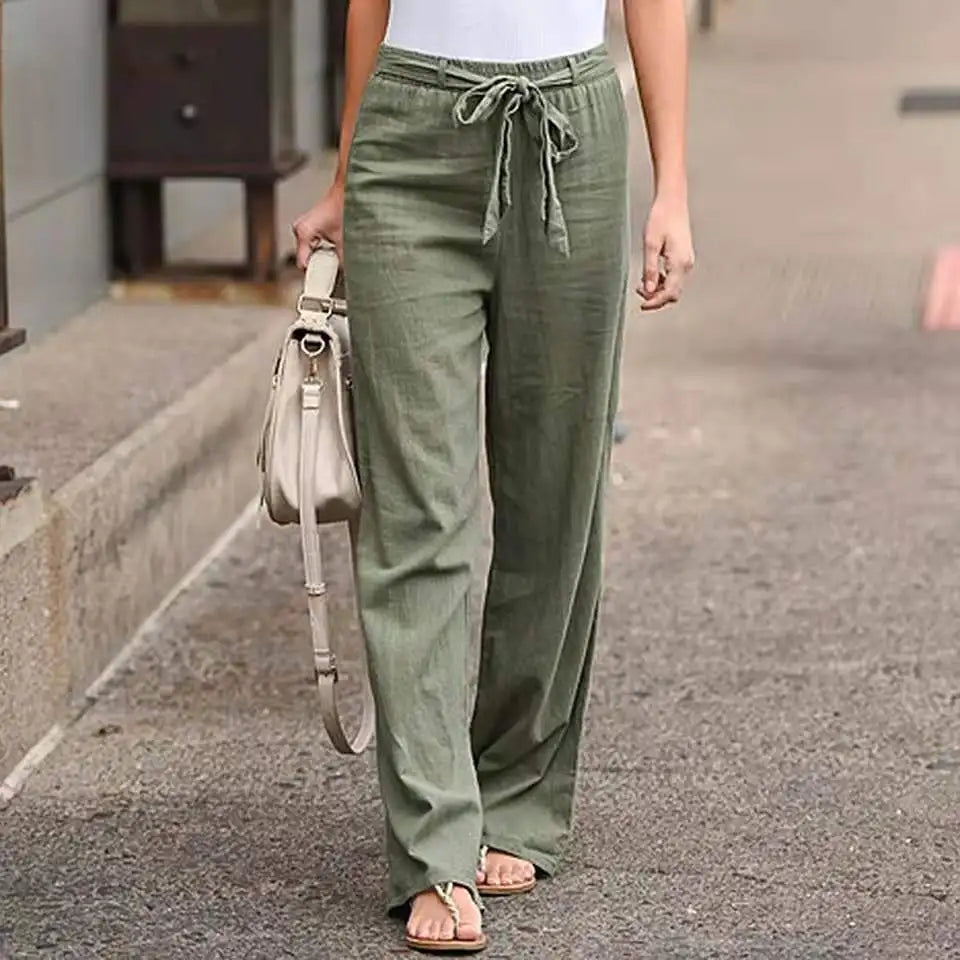 Women Cotton Linen Loose Pants Summer High Elastic Waist Drawstring Wide Leg Trousers JYFS-HS1435