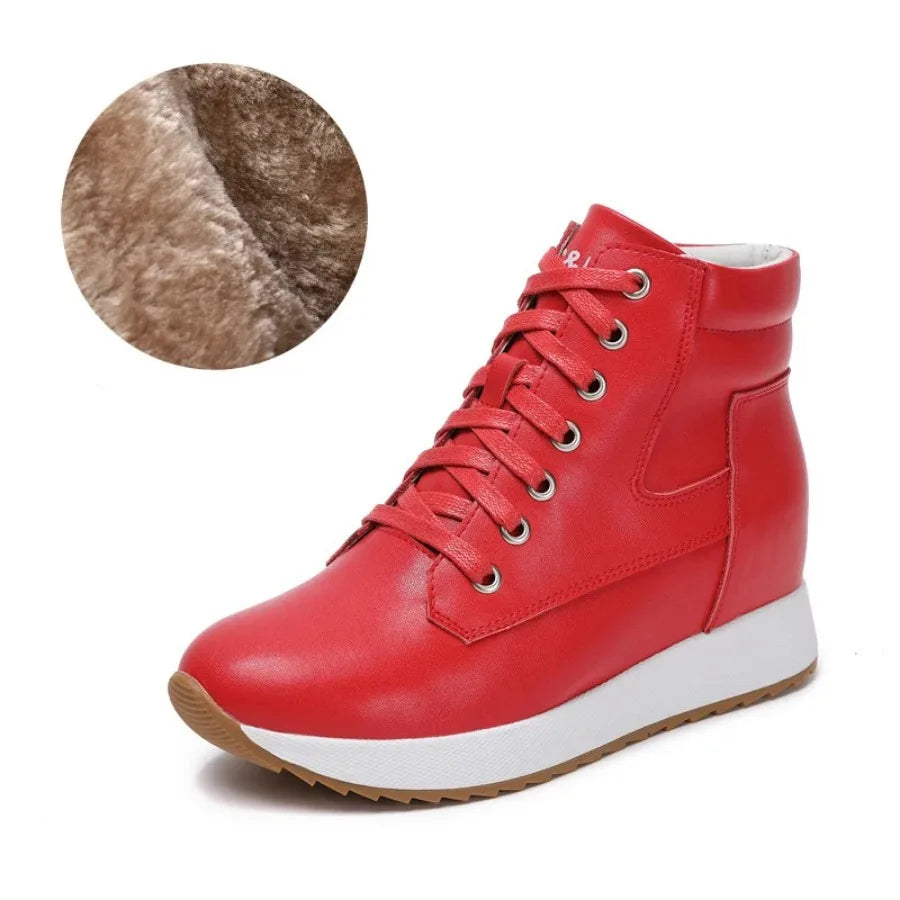 Krasovki 7cm Genuine Leather Warm Women Autumn Spring Casual Chunky Sneaker Women Ankle Booties Platform Wedge Hidden Heel Shoes
