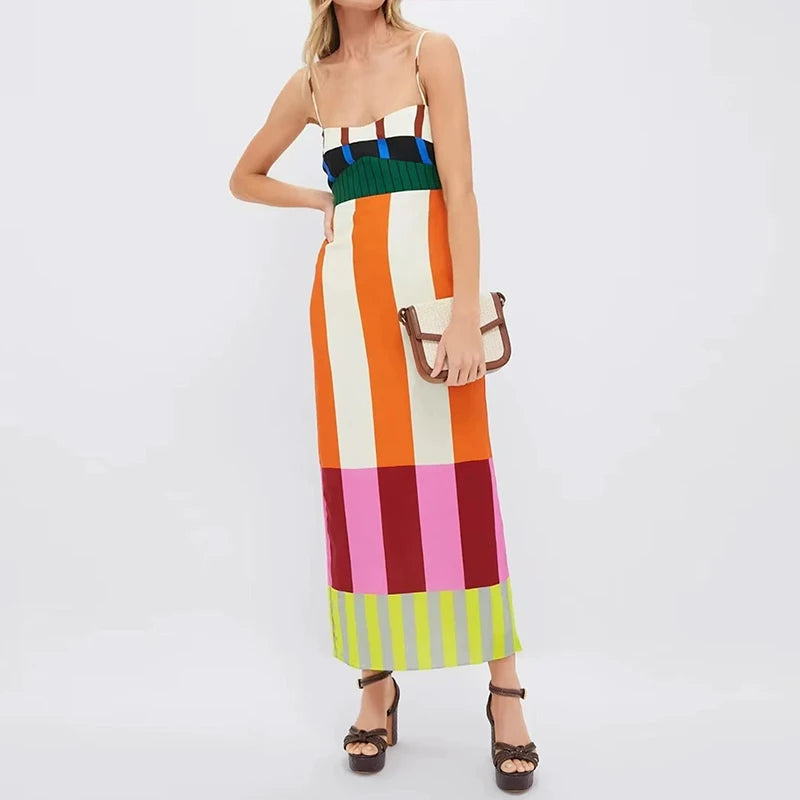 Elegant Contrast Striped Print Strap Dress Women Spring V Neck Backless Hollow Long Dress Summer Sleeveless Zip Split Boho Dress