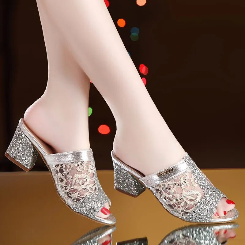 Plus Size 43 Women's Slippers 2025 New Summer Fashion Sequin Cool Slippers Outer Wear Women's Thick Heel Slippers Ladies Sandals