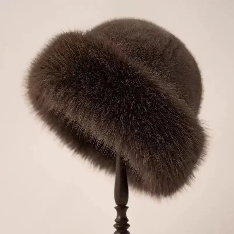 Winter Faux Mink Fur Ear Protection Hat Panama Cap Mongolian Hat for Women, Water Bucket Plush Basin Hat Simple Solid Color