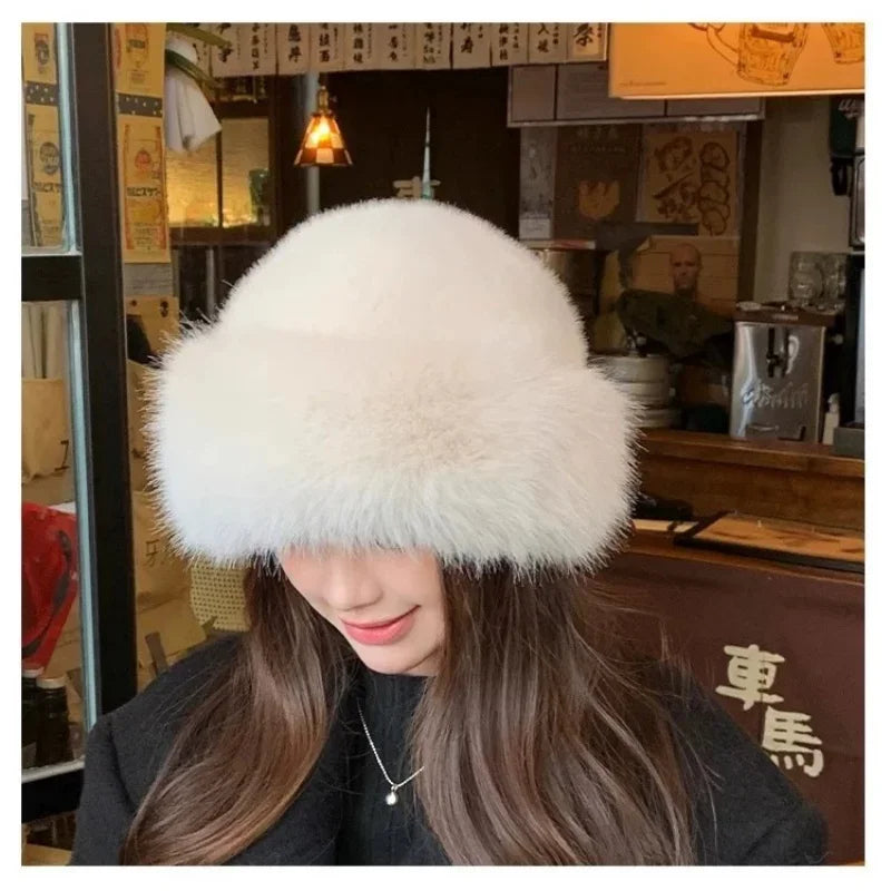 Winter Faux Mink Fur Ear Protection Hat Panama Cap Mongolian Hat for Women, Water Bucket Plush Basin Hat Simple Solid Color