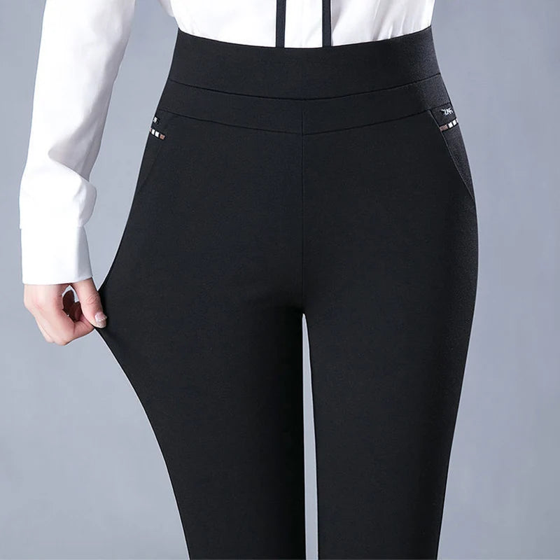 Spring Autumn Middle Aged Women Elastic Waist Casual Straight Pants Female Trousers Wild Slim Stripe Black Gray Pencil Pants 5XL