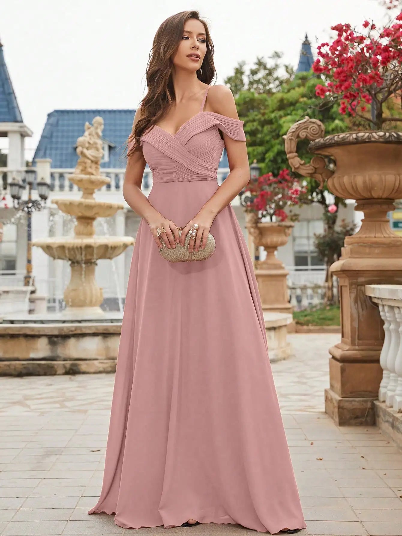 Unithorse Cold Shoulder Ruched Floor Length Chiffon Bridesmaid Dress