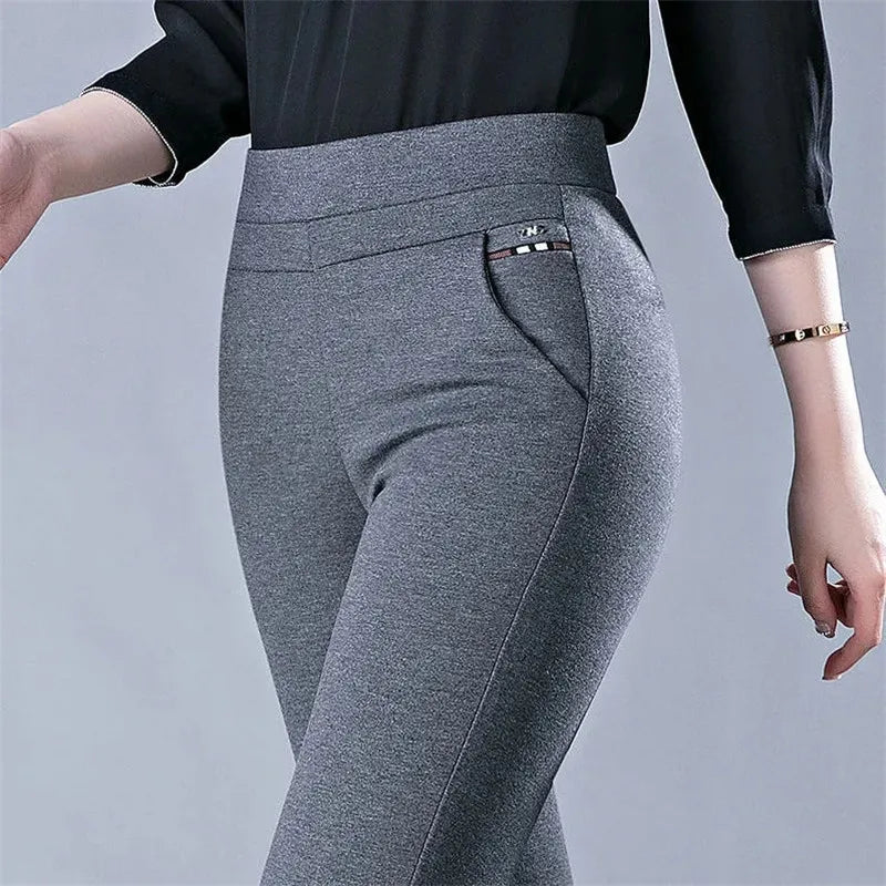 Spring Autumn Middle Aged Women Elastic Waist Casual Straight Pants Female Trousers Wild Slim Stripe Black Gray Pencil Pants 5XL