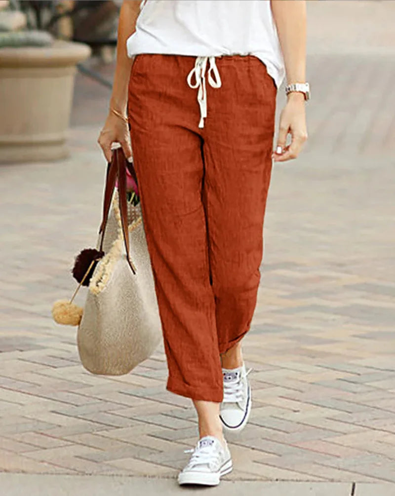 Women Cotton Linen Wide Leg Pants Summer Female Elastic Waist Drawstring Solid Loose Trousers JYFS-1616