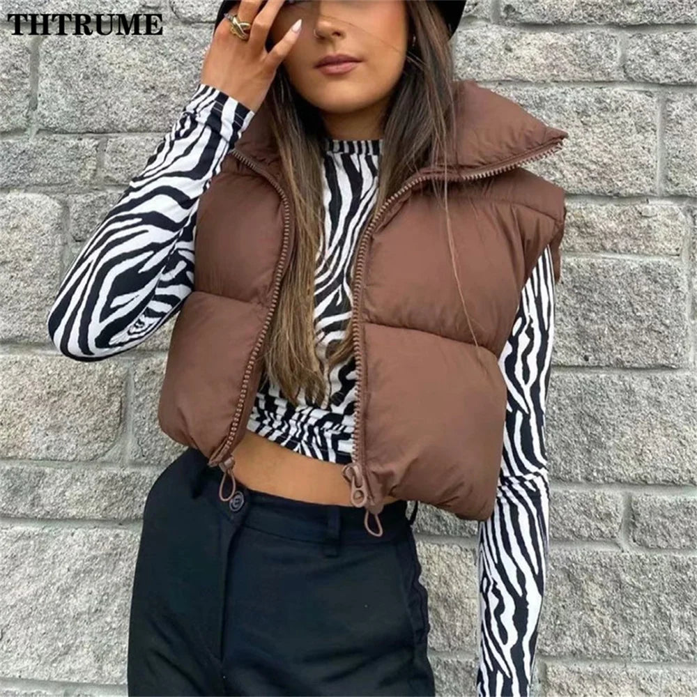 Elegant Quilted Chic Coats Fashion Sleeve Stand Collar Zipper Black Basic Autumn Winter Jackets Casual Office Lady Vest Jacket