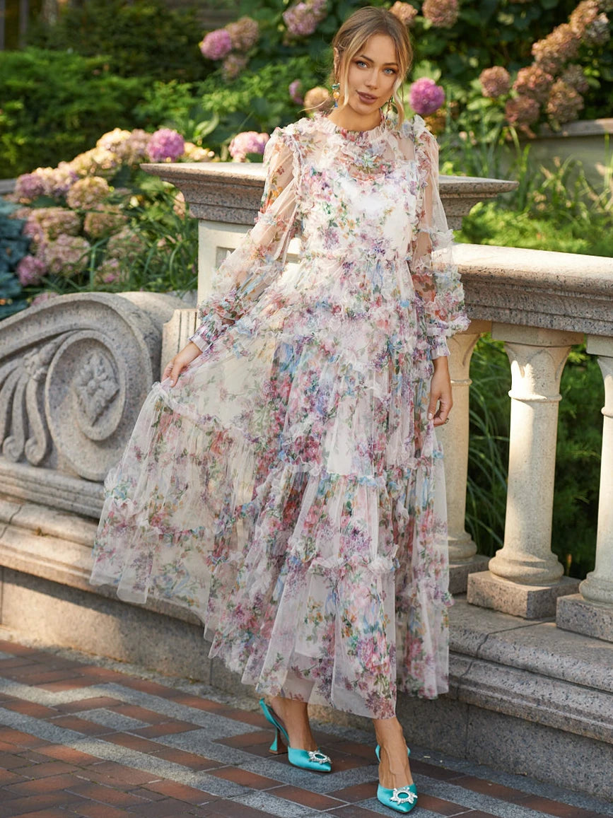 Lace Lantern Sleeve Mesh Print Cascading Ruffle Vacation Ball Gown Dresses For Women 2022 Luxury Designer Autumn Runway Elegant