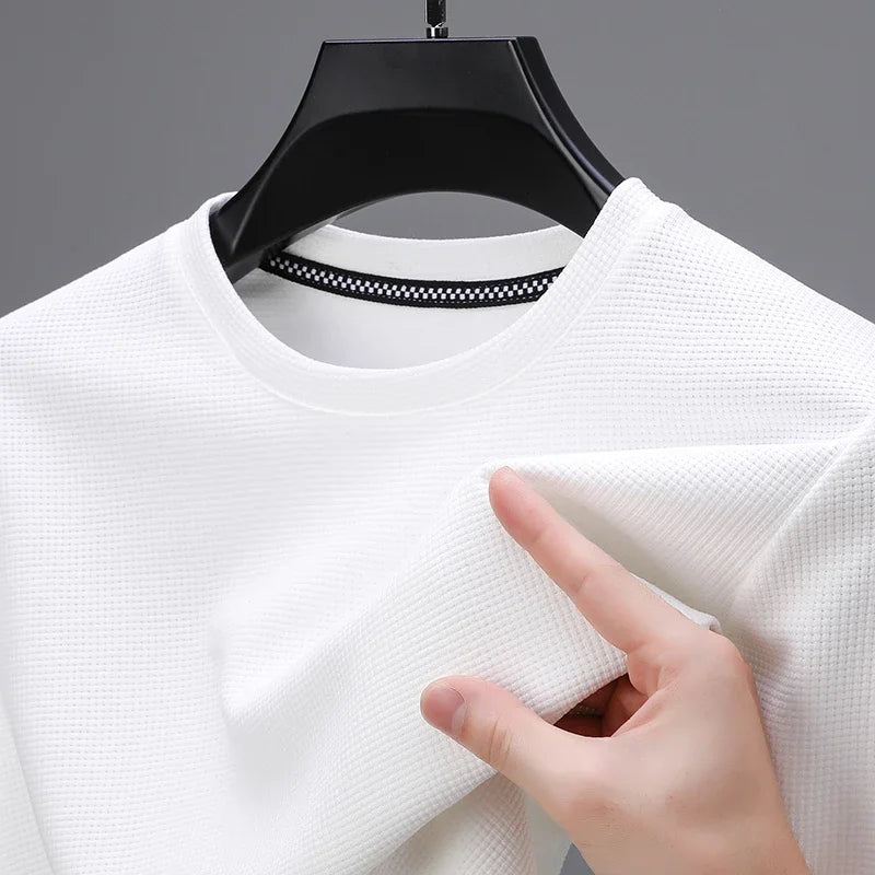 New Men's Business Casual Long Sleeved Solid Color Round Neck T-shirt for Autumn Winter Comfortable Fashionable Versatile Top