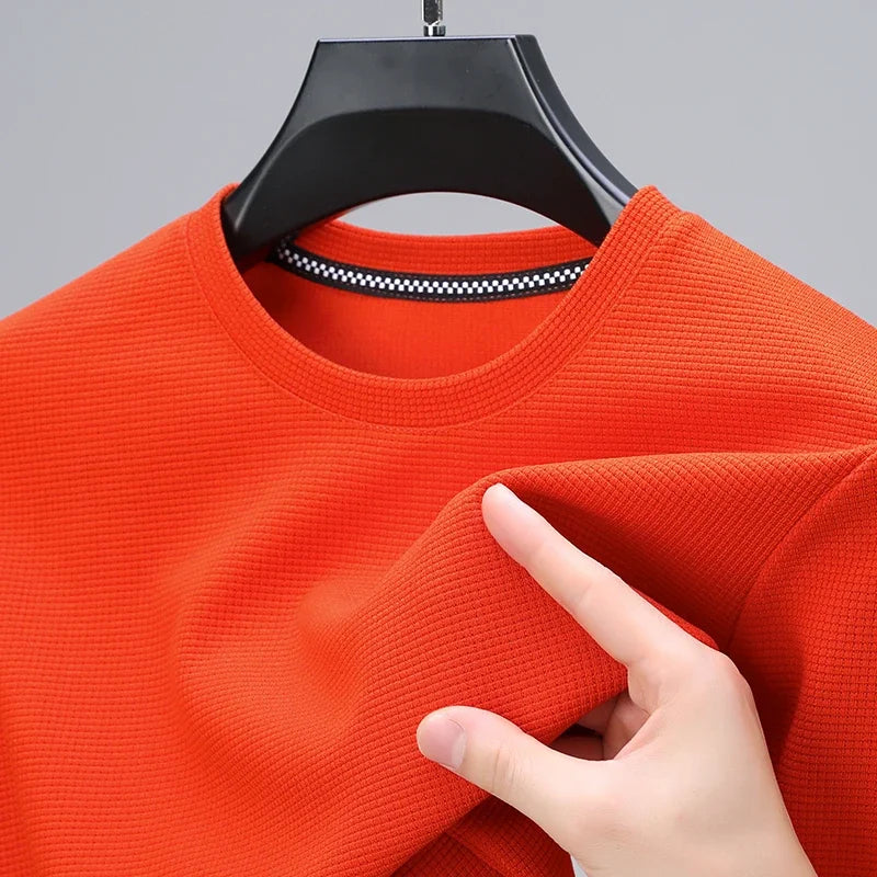 New Men's Business Casual Long Sleeved Solid Color Round Neck T-shirt for Autumn Winter Comfortable Fashionable Versatile Top