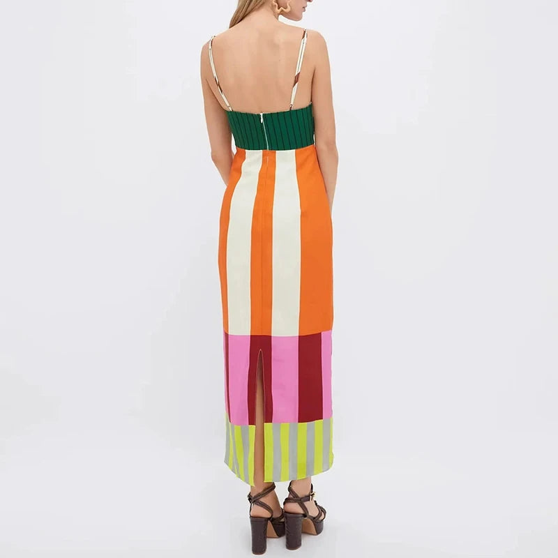 Elegant Contrast Striped Print Strap Dress Women Spring V Neck Backless Hollow Long Dress Summer Sleeveless Zip Split Boho Dress