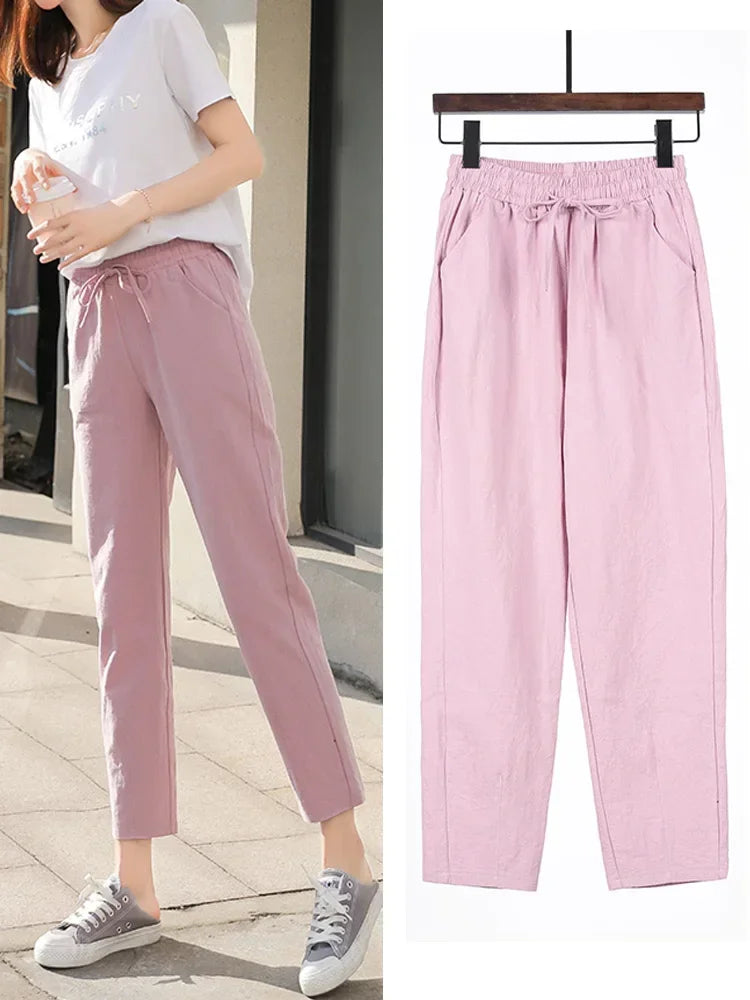 Womens Spring Summer Pants Cotton Linen Solid Elastic waist Candy Colors Harem Trousers Soft high quality for Female ladys S-XXL