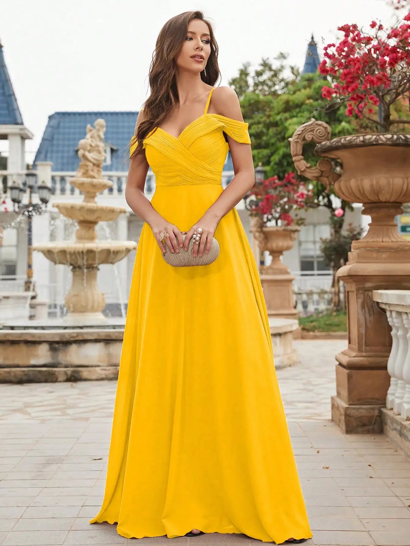 Unithorse Cold Shoulder Ruched Floor Length Chiffon Bridesmaid Dress