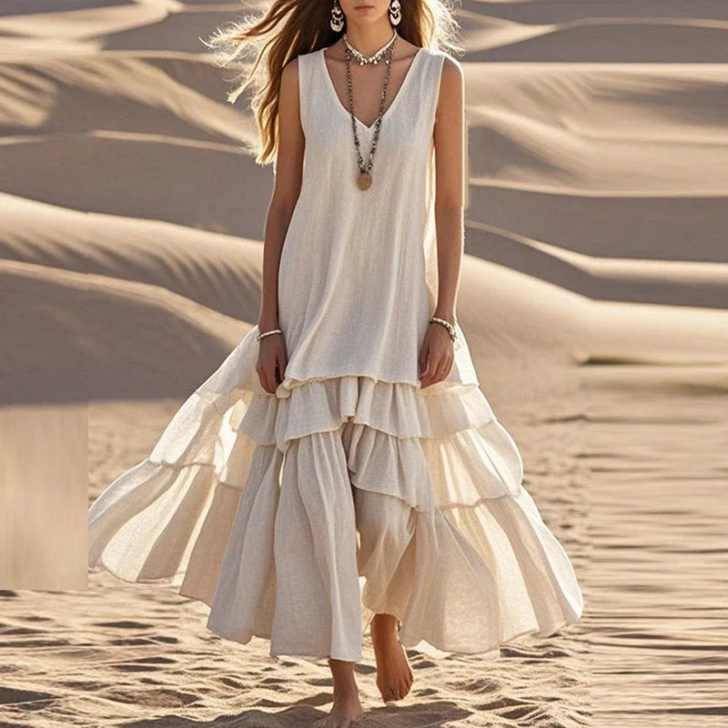 Vintage V Neck Solid Cotton Linen Pleated Vacation Dresses Women Sleeveless White Cake Display Dress Summer Ladies Beach Dresses
