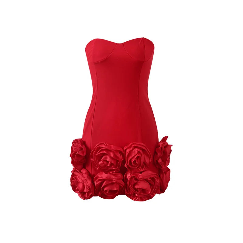 Sexy 3D Flower Bandage Mini Dress Women Slim Backless Strapless Ruffles Short Dresses Spring Ladies Solid Party Vestido