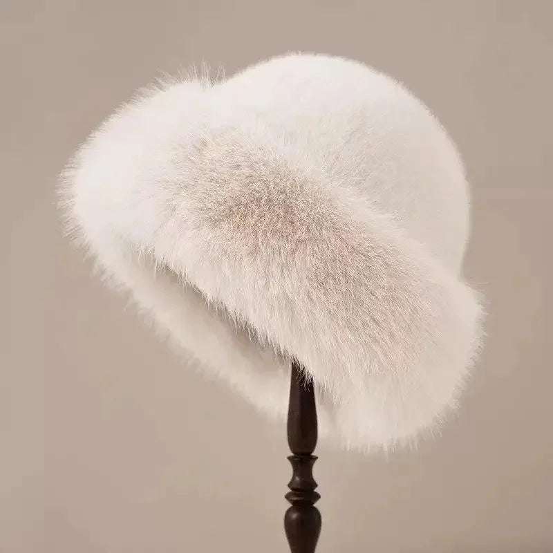 Winter Faux Mink Fur Ear Protection Hat Panama Cap Mongolian Hat for Women, Water Bucket Plush Basin Hat Simple Solid Color