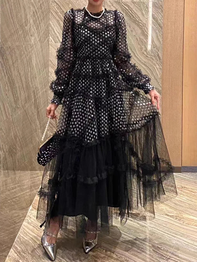 Spring 2025 women's dress, embroidered sequin polka dot mesh dress, irregular multi-layered black ear-edge loose puffy skirt