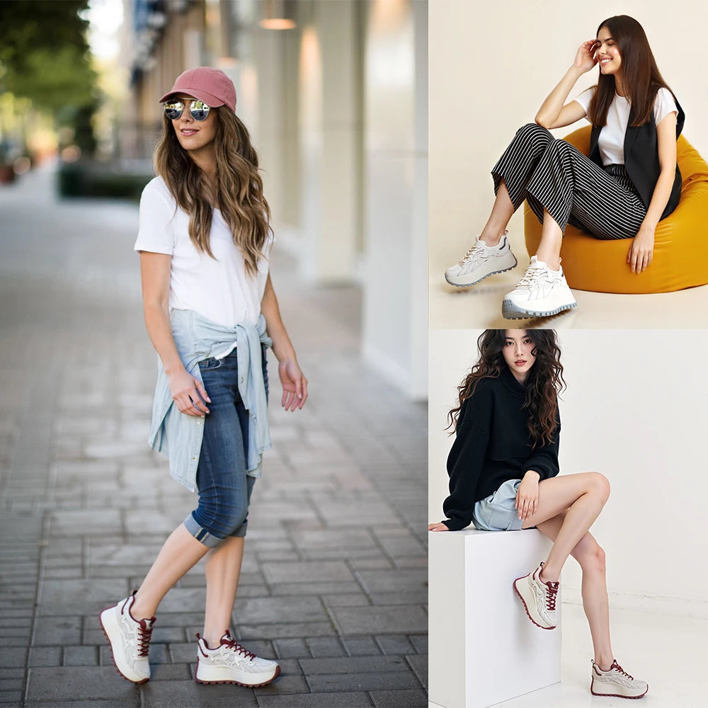 Fujin 8cm Air Mesh Microfiber Vulcanize Chunky Sneaker Lace Up Shoes Fashion Synthetic Leather Flats Platform Wedge Women Ladies