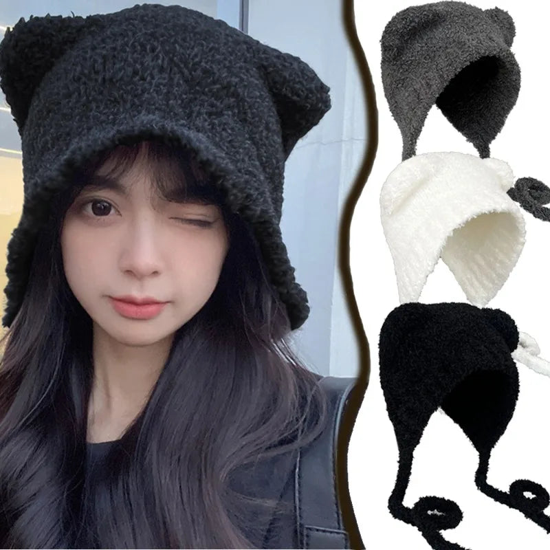 Knit Bear Ear Wool Hats Autumn Winter Women Girl Solid Color Comfortable Warm Cap Cute Outdoor Daily Gatherings Cap Fashion Gift