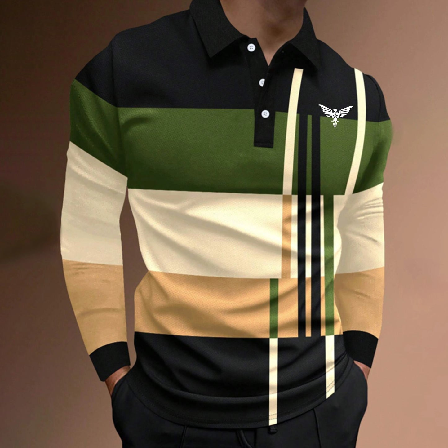 Casual Spring and Autumn Men's New Long Sleeve Polo Shirt with Splicing Colors Fashionable Breathable and Slim Fit Polo Shirt
