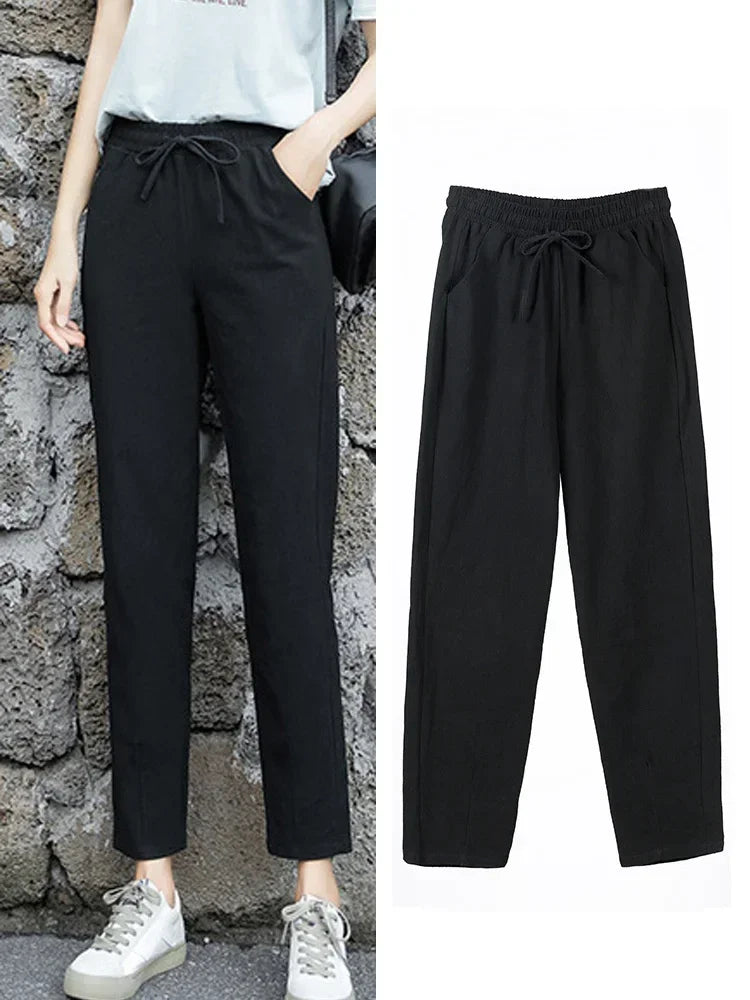 Womens Spring Summer Pants Cotton Linen Solid Elastic waist Candy Colors Harem Trousers Soft high quality for Female ladys S-XXL