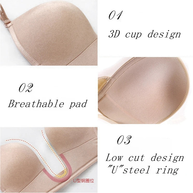 Plunge Bra Women's Deep U Low Cut Invisible Bralette Multi-Way Convertible Sexy Push Up Bare Back Lingerie for Backless Dress