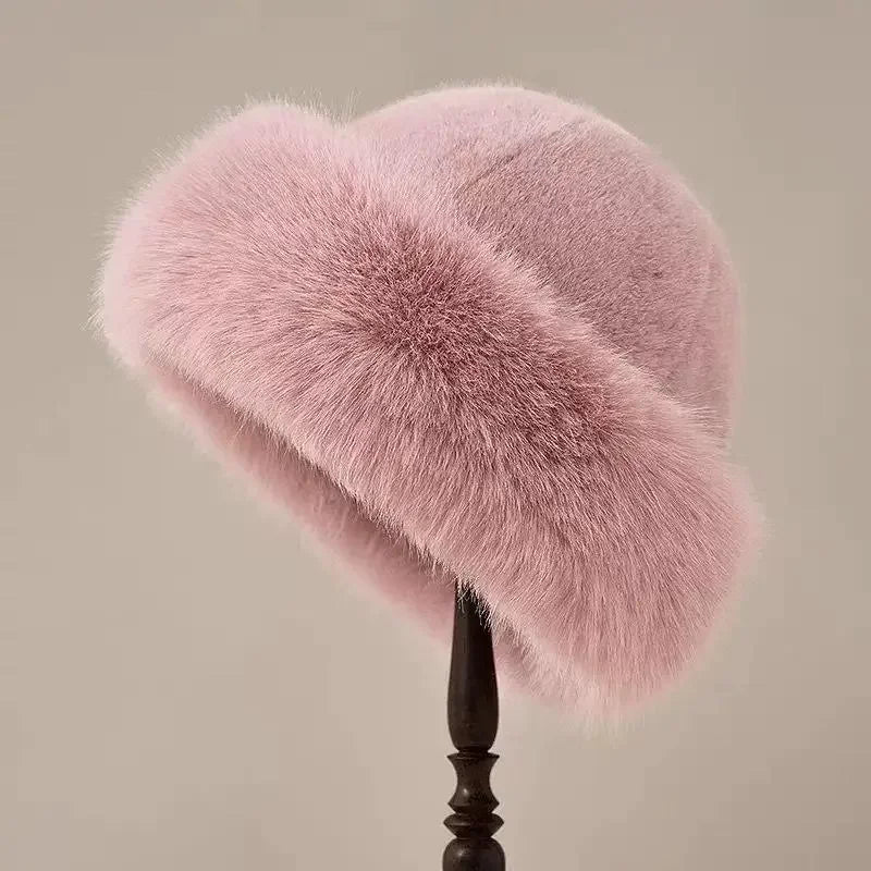 Winter Faux Mink Fur Ear Protection Hat Panama Cap Mongolian Hat for Women, Water Bucket Plush Basin Hat Simple Solid Color