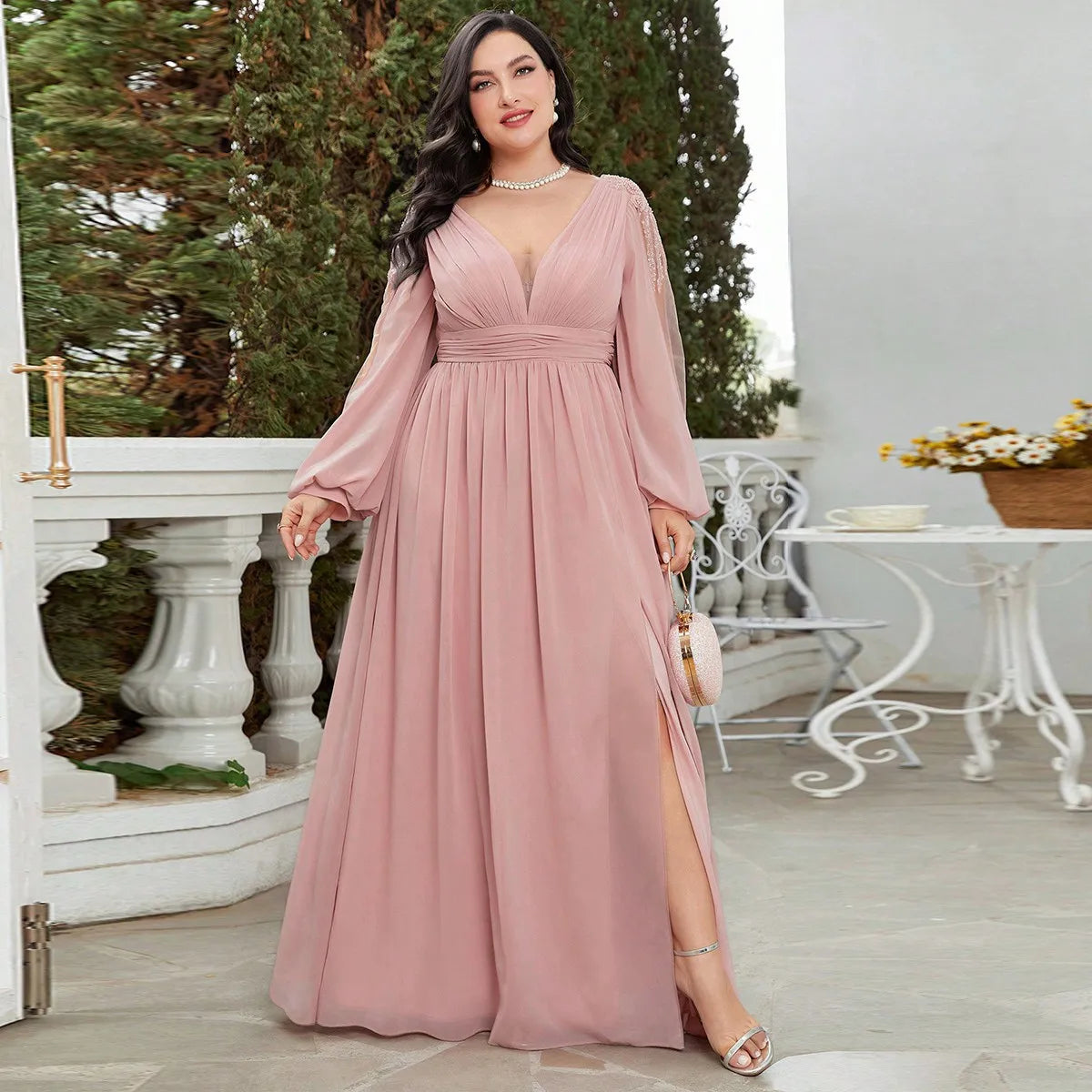 Unithorse Plus Plunging Neck Lantern Sleeve Split Thigh Chiffon Bridesmaid Dress