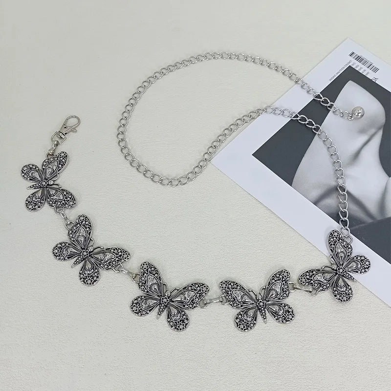 Vintage Sliver  Metal Waist Chain Belt High-End Luxury Brands Butterflies Punk Y2K Dress Jeans Waistband Fashion Belts For Women