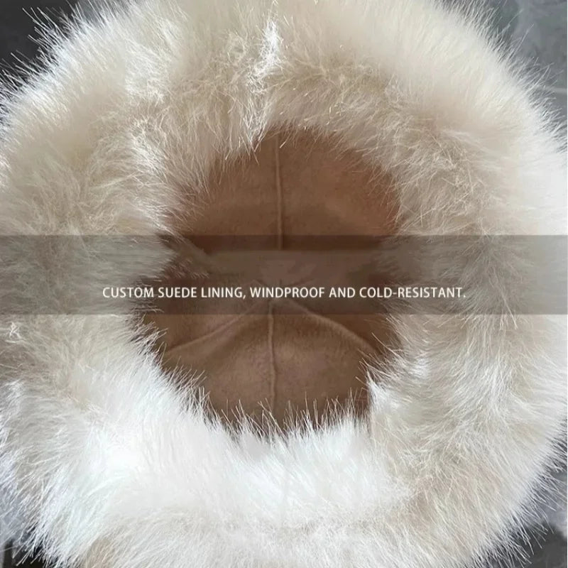 Winter Faux Mink Fur Ear Protection Hat Panama Cap Mongolian Hat for Women, Water Bucket Plush Basin Hat Simple Solid Color